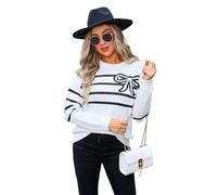 HEYPORK Damen Herbst Winter Warm Bequem Pullover Casual Mode Strickjacke Strickpullover Frauen Gestreifte Schleife Rundhals Blume Stricken Mode Pullover(Schwarz, L)