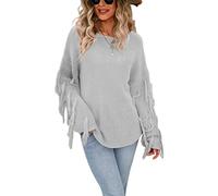 HEYPORK Damen Herbst Winter Warm Bequem Pullover Casual Mode Strickjacke Strickpullover Frauen Herbst/Winter Lose Pullover Gestrickter Fransenpullover(Grau, XL)
