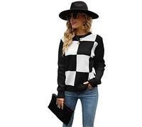 HEYPORK Damen Herbst Winter Warm Bequem Pullover Casual Mode Strickjacke Strickpullover Frauen Karo Rundhals Strickpulli Pullover(Schwarz, XL)