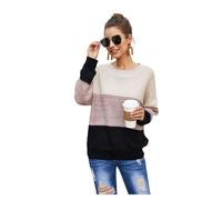 HEYPORK Damen Herbst Winter Warm Bequem Pullover Casual Mode Strickjacke Strickpullover Frauen Lose dreifarbige Patchwork Rundhals Langarm Strickwaren(Schwarz, L)