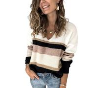 HEYPORK Damen Herbst Winter Warm Bequem Pullover Casual Mode Strickjacke Strickpullover Frauen Mode Pullover Patchwork V-Ausschnitt Strickpullover(Schwarz, L)