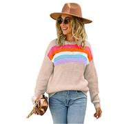 HEYPORK Damen Herbst Winter Warm Bequem Pullover Casual Mode Strickjacke Strickpullover Frauen Patchwork Regenbogenfarben Pullover Strickpullover(A Khaki, M)