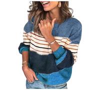 HEYPORK Damen Herbst Winter Warm Bequem Pullover Casual Mode Strickjacke Strickpullover Frauen Persönlichkeit Colorblock Rundhals Dicker Lockerer Strickpullover(Blau, XL)