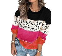 HEYPORK Damen Herbst Winter Warm Bequem Pullover Casual Mode Strickjacke Strickpullover Frauen Persönlichkeit Leopardenmuster Spleißen Mode Strickpullover Pullover(B Rot, L)