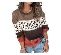 HEYPORK Damen Herbst Winter Warm Bequem Pullover Casual Mode Strickjacke Strickpullover Frauen Persönlichkeit Leopardenmuster Spleißen Mode Strickpullover Pullover(Khaki, XL)