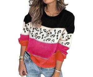 HEYPORK Damen Herbst Winter Warm Bequem Pullover Casual Mode Strickjacke Strickpullover Frauen Persönlichkeit Leopardenmuster Spleißen Mode Strickpullover Pullover(B Rot, L)