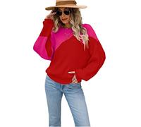 HEYPORK Damen Herbst Winter Warm Bequem Pullover Casual Mode Strickjacke Strickpullover Frauen Pullover Farbblockierung Batwing Pullover Rundhals Strickpullover(Rot, XL)