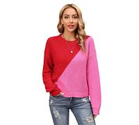 HEYPORK Damen Herbst Winter Warm Bequem Pullover Casual Mode Strickjacke Strickpullover Frauen Pullover Patchwork Rose Pullover Lose Gestrickt Pullover(Rot, M)