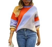 HEYPORK Damen Herbst Winter Warm Bequem Pullover Casual Mode Strickjacke Strickpullover Frauen Pullover Streifen Spleißen Mode Rundhals Pullover(Orange, M)