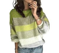 HEYPORK Damen Herbst Winter Warm Bequem Pullover Casual Mode Strickjacke Strickpullover Frauen Pullover Rundhals Mode Persönlichkeit Gestreift Lose Stricken Pullover(A1 Grün, L)