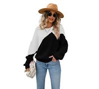 HEYPORK Damen Herbst Winter Warm Bequem Pullover Casual Mode Strickjacke Strickpullover Frauen Pullover Farbblockierung Batwing Pullover Rundhals Strickpullover(Schwarz, L)