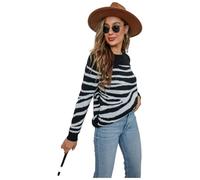 HEYPORK Damen Herbst Winter Warm Bequem Pullover Casual Mode Strickjacke Strickpullover Frauen Pullover Gestrickt Gestreift Vintage Baumwolle Rundhals Einreihig Pullover(Schwarz, S)