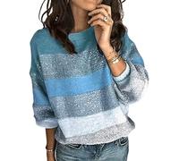 HEYPORK Damen Herbst Winter Warm Bequem Pullover Casual Mode Strickjacke Strickpullover Frauen Pullover Rundhals Mode Persönlichkeit Gestreift Lose Stricken Pullover(A1 Blau, XL)