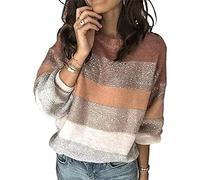HEYPORK Damen Herbst Winter Warm Bequem Pullover Casual Mode Strickjacke Strickpullover Frauen Pullover Rundhals Mode Persönlichkeit Gestreift Lose Stricken Pullover(E Rosa, S)