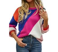 HEYPORK Damen Herbst Winter Warm Bequem Pullover Casual Mode Strickjacke Strickpullover Frauen Pullover Streifen Spleißen Mode Rundhals Pullover(Blau, L)