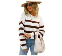 HEYPORK Damen Herbst Winter Warm Bequem Pullover Casual Mode Strickjacke Strickpullover Frauen Rundhals Slim Fit Pullover Stricken Lose Gestreifte Pullover(Weiß, XL)