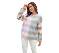 HEYPORK Damen Herbst Winter Warm Bequem Pullover Casual Mode Strickjacke Strickpullover Frauen Splicing Streifen Farbe Kollision Rundhals Strickpullover Pullover(Khaki, L)
