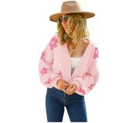 HEYPORK Damen Herbst Winter Warm Bequem Pullover Casual Mode Strickjacke Strickpullover Frauen Strickjacke StraßE Hipster Kurz Gestrickt Blumen Pullover(A Rosa, L)
