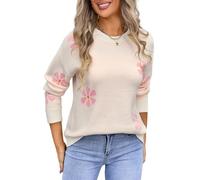 HEYPORK Damen Herbst Winter Warm Bequem Pullover Casual Mode Strickjacke Strickpullover Frauen Strickwaren Clashing Flower Pullover(Weiß, L)