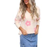 HEYPORK Damen Herbst Winter Warm Bequem Pullover Casual Mode Strickjacke Strickpullover Frauen V-Ausschnitt Langarm Floral Strickpullover(Weiß, XL)