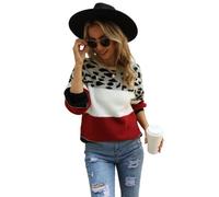 HEYPORK Damen Herbst Winter Warm Bequem Pullover Casual Mode Strickjacke Strickpullover Frauen Winter Patchwork Leopard Druck Rundhals Pullover Pullover Stricken(Rot, L)