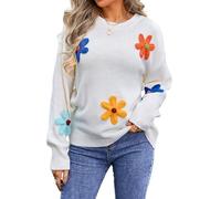 HEYPORK Damen Herbst Winter Warm Bequem Pullover Casual Mode Strickpullover Frauen Blume Lose Rundhals Pullover(Weiß, L)