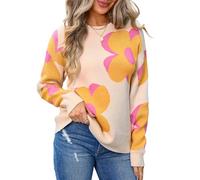 HEYPORK Damen Herbst Winter Warm Bequem Pullover Casual Strickpullover Frauen Rundhals Bedruckt Mode Große Blume Pullover(Aprikose, XL)