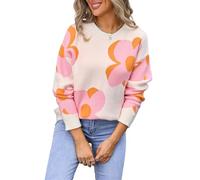 HEYPORK Damen Herbst Winter Warm Bequem Pullover Casual Strickpullover Frauen Rundhals Bedruckt Mode Große Blume Pullover(Weiß, XL)