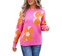 HEYPORK Damen Herbst Winter Warm Bequem Pullover Casual Strickpullover Frauen Rundhals Bedruckt Mode Große Blume Pullover(Rosenrot, L)