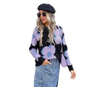 HEYPORK Damen Herbst Winter Warm Bequem Pullover Casual Strickpullover Frauen Rundhals Bedruckt Mode Große Blume Pullover(Schwarz, XL)