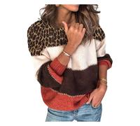 HEYPORK Damen Herbst Winter Warm Bequem Pullover Mode Strickjacke Strickpullover Frauen Persönlichkeits Colorblock Rundhals Pullover Lockerer Strickpullover(D Rot, XL)