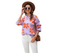 HEYPORK Damen Herbst Winter Warm Bequem Strickjacke Casual Mode Blume Pullover(Lila, L)