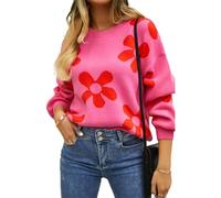 HEYPORK Damen Herbst Winter Warm Bequem Strickjacke Casual Mode Strickpullover Frauen Bedruckte Blume Pullover (Rot, M)