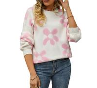 HEYPORK Damen Herbst Winter Warm Bequem Strickjacke Casual Mode Strickpullover Frauen Bedruckte Blume Pullover (Weiß, XL)