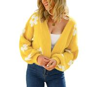 HEYPORK Damen Herbst Winter Warm Bequem Strickjacke Casual Mode Strickpullover Frauen Herbst Strickjacke StraßE Hipster Kurz Gestrickt Blumen Pullover(Gelb, L)