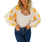 HEYPORK Damen Herbst Winter Warm Bequem Strickjacke Casual Mode Strickpullover Frauen Herbst Strickjacke StraßE Hipster Kurz Gestrickt Blumen Pullover(Weiß, L)