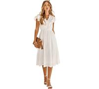 HEYPORK Damen Sommer Rock Bequem Lässig Kleider Mode Elegant Röcke Frauen Beiläufige Feste Farbe V-Ausschnitt Taille Abnehmender Frischer Stil Kleid(A Weiß, L)