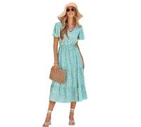HEYPORK Damen Sommer Rock Bequem Lässig Kleider Mode Elegant Röcke Frauen V-Ausschnitt Ruffle Ärmel Bedrucktes Kleid(B Hellgrün, XL)
