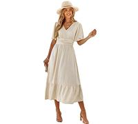 HEYPORK Damen Sommer Rock Bequem Lässig Kleider Mode Elegant Röcke Frauen V-Ausschnitt Solide Farbe Lotus Blatt Ärmel Lässig Langes Kleid(C Aprikose, M)