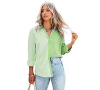 HEYPORK Damen Sommer Top Bluse Bequem Lässig Mode T-Shirt Blusen Frauen Frühjahr Gestreift Druck Lange Ärmel Strickjacke Einreihig Shirt(Grün, L)