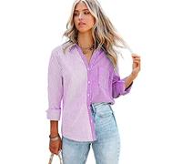 HEYPORK Damen Sommer Top Bluse Bequem Lässig Mode T-Shirt Blusen Frauen Frühjahr/Sommer Gestreift Druck Lange Ärmel Strickjacke Einreihig Shirt(Lila, M)
