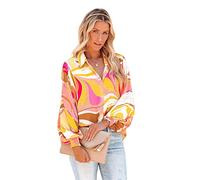 HEYPORK Damen Sommer Top Bluse Bequem Lässig Mode T-Shirt Blusen Frauen Frühling/Sommer Gedruckt Laterne Ärmel Revers Strickjacke Einreihig Lässig Shirt(Mehrfarbig, L)