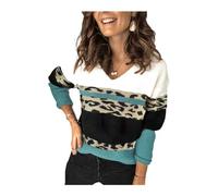 HEYPORK Damen Winter Warm Bequem Pullover Casual Mode Strickpullover Frauen Leopard Drucken Nähen Persönlichkeit V-Ausschnitt Stricken Bottoming Pullover(H*1 Grün, L)