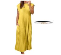 HFMLU Women Pleated Simple Solid Color Dress,Sleeveless Strapless Pleated Dress with Pockets,Pleated Maxi Dress Crewneck (Yellow,3XL)