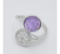 HGJH Damenringe, Silberner Baum des Lebens, Durchbrochene Gravur, verstellbare Ringe, kreisförmige Amethyste, offene Ringe, Reiki-Edelsteine, Schmuck für Frauen, Mädchen, Hochzeit, Schmuck, Geschenk
