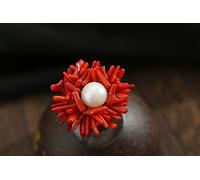 HGJH Ring Aus 925Er Sterlingsilber, 925 Sterling Silber Süßwasserperle Great Red Sea Red Coral Übertreibung Böhmischer Offener Ring Zeigefinger Ring Hochzeit Ewigkeit Schmuck Geschenke Für Damen