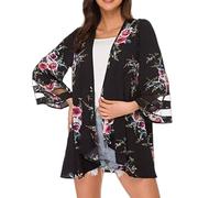 HGJH Strandtunika,Kimono Cardigan Damen Druck Schwarz Chiffon Blusen Schal Tunika Shrugs Party Tops Casual Beach Bikini Cover Ups Leichte Cardigans Mit Offener Vorderseite Für Mädchen Damen,S