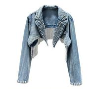 HGKPFGTG Kurze Jeansjacke für Damen Trendiger Langarm-Jeansmantel mit Strasssteinen und Nieten Blauer Jeans-Bolero mit Fransen,Blau,One Size
