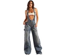 HGKPFGTG Sexy Latzhose aus Denim für Damen, mit Verstellbaren Trägern Jumpsuit für Kurvige Frauen Weites Bein Tief Ausgeschnittener Jeans-Overall,Blau,M
