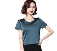 Hgvcfcv Damen Bluse Sommer mit Kurzarm Übergröße Frauen Blusen Satin Seide Weiß Bluse für Frauen, Grau 9 Blau, Small